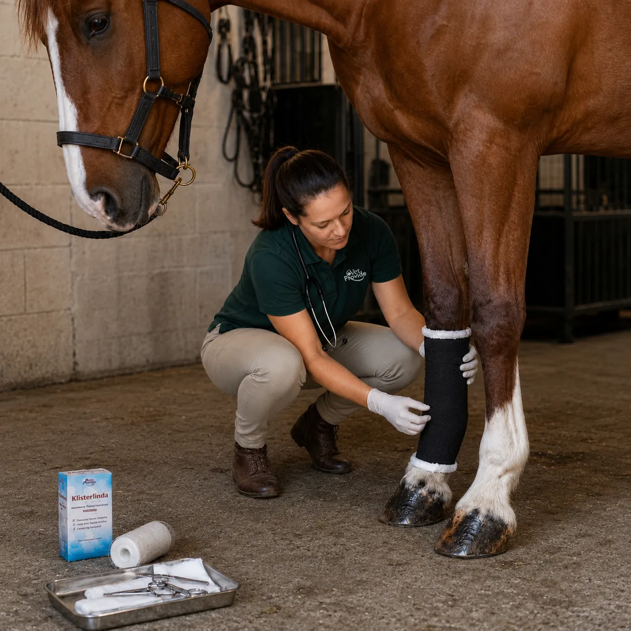Specialist brengt een medisch verband aan op het been van een paard.