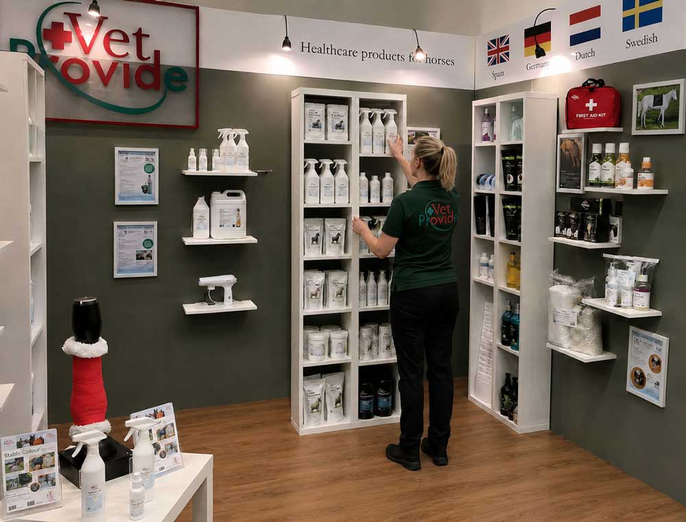 Vet Provide beursstand met verzorgingsproducten voor paarden.